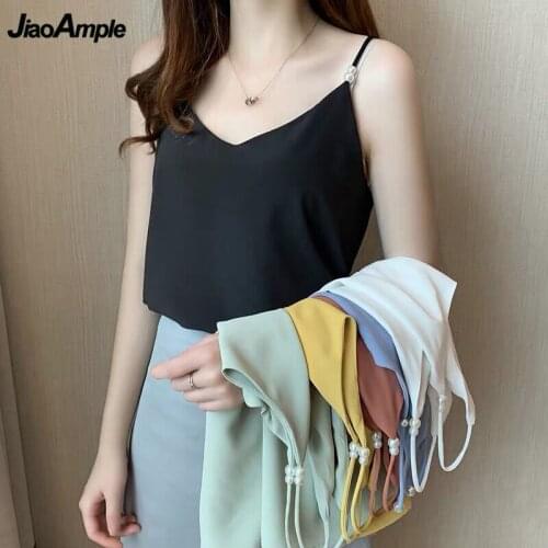 Women Summer Graceful Cozy Sling Vest Korean Fashion Pearl Loose Ins Chiffon Tops 2020 New Solid Joker Camis for Lady Out Side