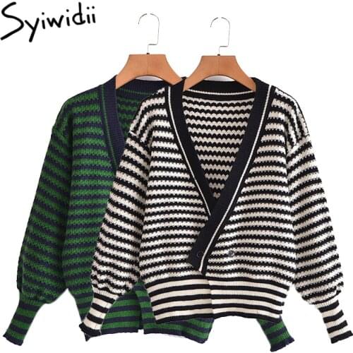 Syiwidii Vintage Fall 2021 New Striped Sweater Oversized Cardigan Women V Neck Long Sleeve Coats Double Breasted Knit Jacket