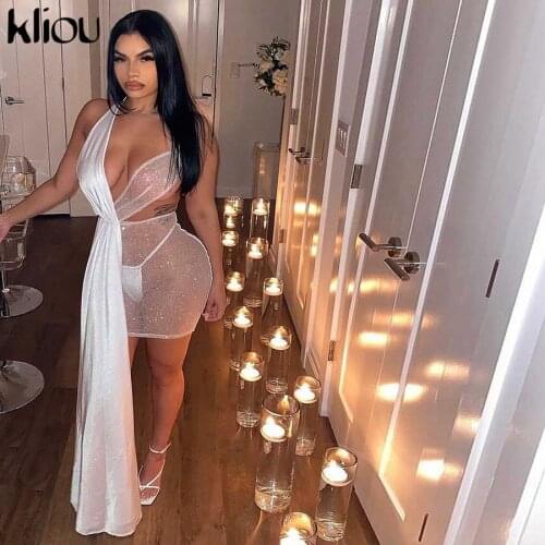 Kliou See Through Mesh Mini Dress For Women Skinny Halter Sleeveless Backless Extended Gauze Sexy Clubwear Female Skirts