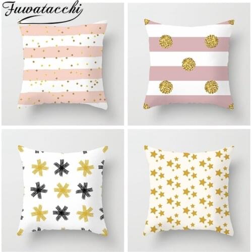 Fuwatacchi Gold Striped White Pillow Cover Star Snowflake Printed Cushion Cover Decorative Throw Pillowcase for Decor Home Sofa