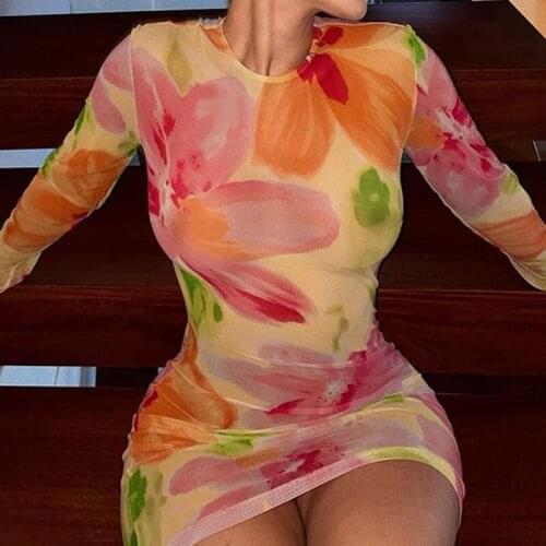 BKLD 2021 Spring Summer Floral Print Mesh Transparent Ladies Sexy Mini Dress O-neck Long Sleeve Slim Casual Sweety Girl Dresses