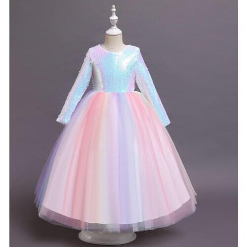 Children Long Dress 4-14 Years Girls Sequin Rainbow Mesh Stitching Dress Wedding Tulle Lace Long Elegant Princess Puffy Dress