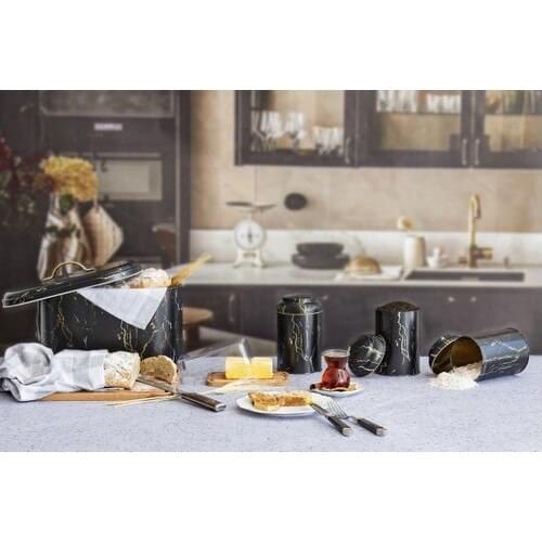 House Oval Bread Box 4'lü Set - Marble Black