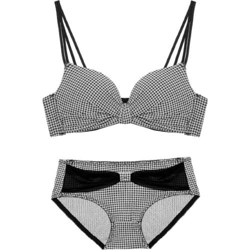 EFIOLY New Plaid Deep V No Steel Ring Underwear Set Girls Plaid Cute Students Gathering Bra and Panty Set Beauty Back Bra Set