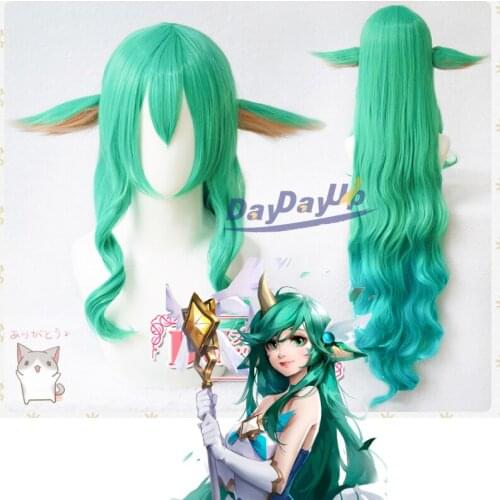 LOL Star Guardian Soraka Green Blue Wavy with Ear Cosplay Role Play Synthetic Hair Carnival Halloween Party + Free Wig Cap