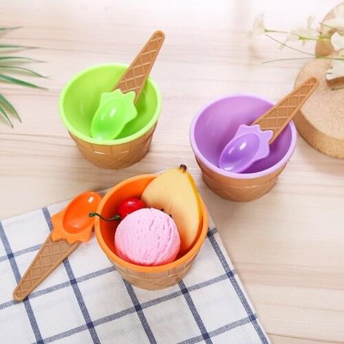 Lovely Ice-cream Shape Bowl Candy Color Mini Bowl Food Grade PP Snack Container Dessert Bowl Creative Dinnerware Spoons 2 sets