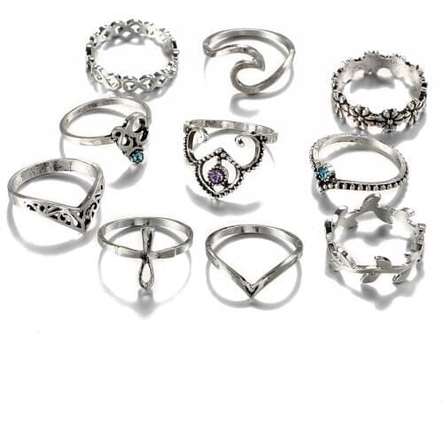 2018 10pcs/Set Fashion Vintage Silver Color Rudder Daisy Crown Knuckle Rings Bohemian Female Ring Sets for Women NEW Jewelry