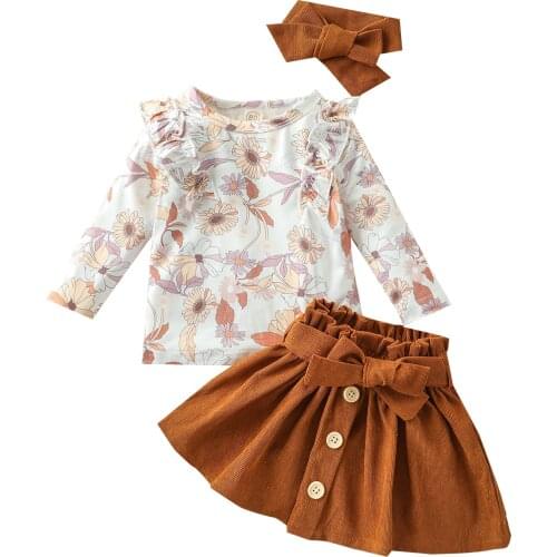 Citgeett Autumn Kids Baby Girls Tracksuit Floral Long Sleeves Tops + Buttons Skirt + Headband Clothes Set