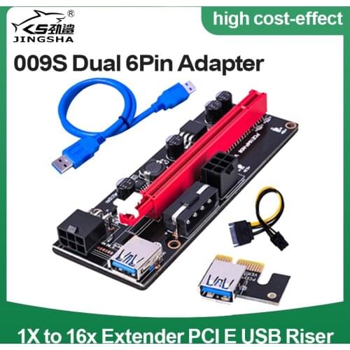 New PCI-E pcie Riser 009 Express 1X to 16x Extender PCI E USB Riser 009S Dual 6Pin Adapter Card SATA 15pin for BTC Miner