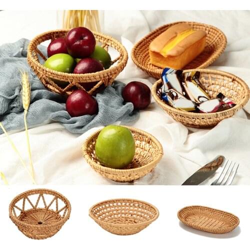 Rattan Woven Tray Convenience Store Handmade Round Basket Food Craft Rattan Tray for Food Fruit Storage Home Organizer