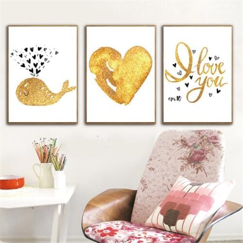 Cartoon Glod Whale Heart L Print Nordic Canvas Painting Poster Home Decor Wall Picture Living Room Bedroom Backdrop Supply