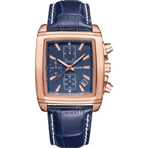 Luxury Sport Waterproof Chronograph MEGIR 2028 G Mens Quartz Watch Casual Fashion Square Leather Wristwatches For Men