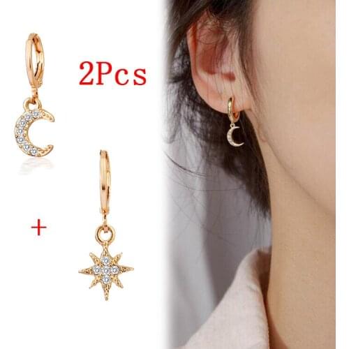 1 Pair Vintage Gold Silver Moon Star Hoop Earring for Women Ear Jewelry Party Gifts Korean Fashion Jewelry Ornaments