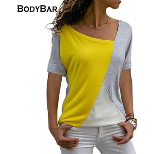 Casual Women Top Patchwork Contrast Color Tee Diagonal Collar Fashion T Shirt 2021 Summer Spring Loose Short Sleelve Streetwear