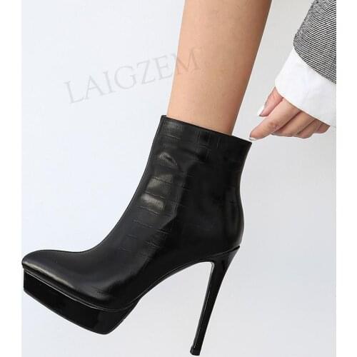 LAIGZEM SUPER Women Ankle Boots Genuine Leather High Heels Boots Side Zip Ladies Dress Shoes Woman Botas Mujer Size 36 37 39 41