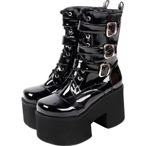 Angelic imprint Women Gothic motorcycle punk boots lady short Boots woman high trifle heels pumps shoes 33-47 10cm black PL 330