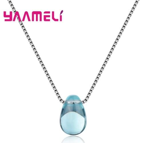 Sweet Romantic Fresh Style Blue Water Drop Pendant 925 Sterling Silver Necklaces +18" Box Chain For Woman girls Trendy