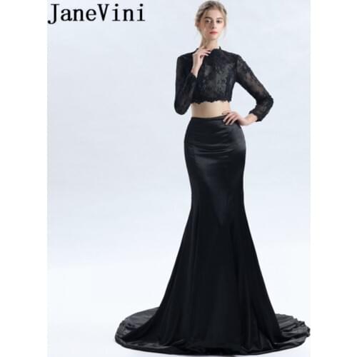 JaneVini Vestidos Two Pieces Dress Black Mother of The Bride Dresses Mermaid High Neck Lace Long Sleeves Backless Robes Longues