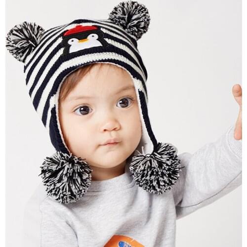 Earflap Hat Boy Winter Beanie Kid Knit Fleece Lining Pompom Penguin Stripe Dobby Warm Outdoor Skiing Accessory For Baby Toddlers