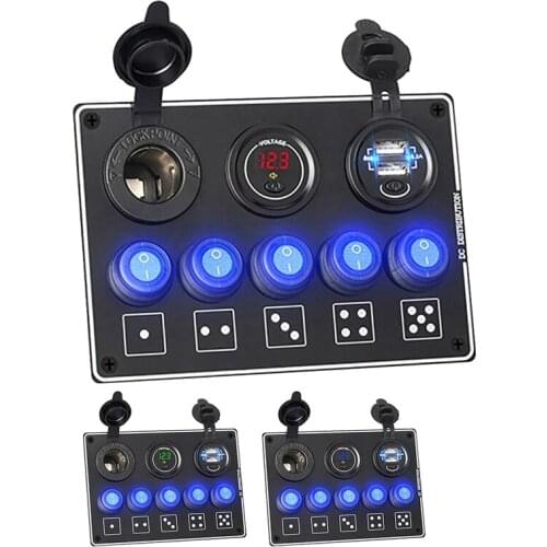 5 Gang Rocker Switch Panel 4.2A Dual USB Slot Socket Digital Voltage Display for Marine Car Waterproof