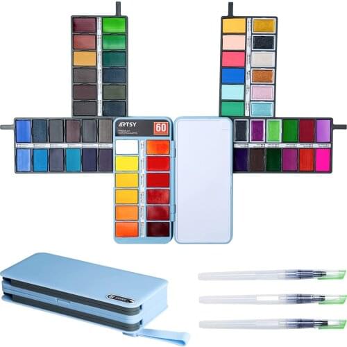 Watercolor Paint Set — 60 Premium Colors with 3 Water Brushes in a Velvet Bag— Foldable Portable Watercolor Travel Set Perfect f