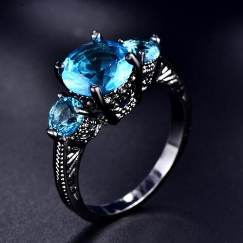 Blaike Three Aqua Blue Stone Cubic Zirconia Female Finger Rings Vintage Black Gold Filled Wedding Rings Jewelry Gifts