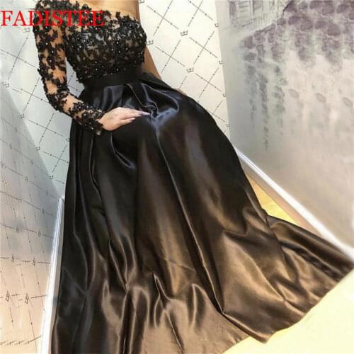 Black beads Elegant long Sleeves Evening Dresses Formal prom vestido de noiva plus size Party Gown lace one-shoulder