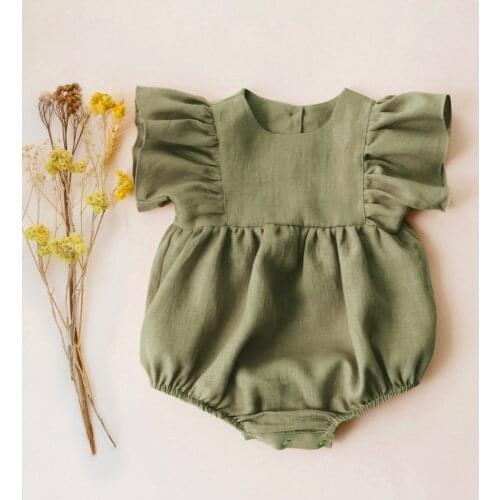 Baby Girl Rompers Summer Newborn Baby Clothes Cotton Linen Solid Color Stripe Baby Girl Clothing For 0-24M