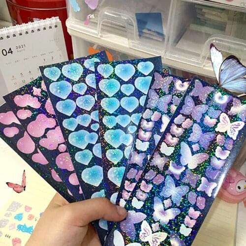 Butterfly Heart Shaped Laser Stickers Scrapbooking Hand Account Doodling Kawaii Collage Material Stationery Korean Sticker Gift
