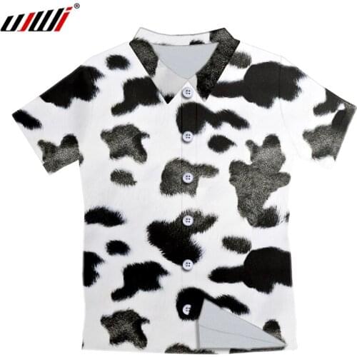 UJWI Mens Animal Cow Black White 3D Style Print Loose Short Sleeve Stand Collar Casual Shirt Button Hawaiian Beach Stand Collar
