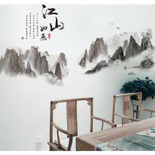 Chinese Style Ink Landscape Painting Wall Stickers Living Room Decoration TV Backdrop Decal PVC Self-adhesive Room Decor Murals