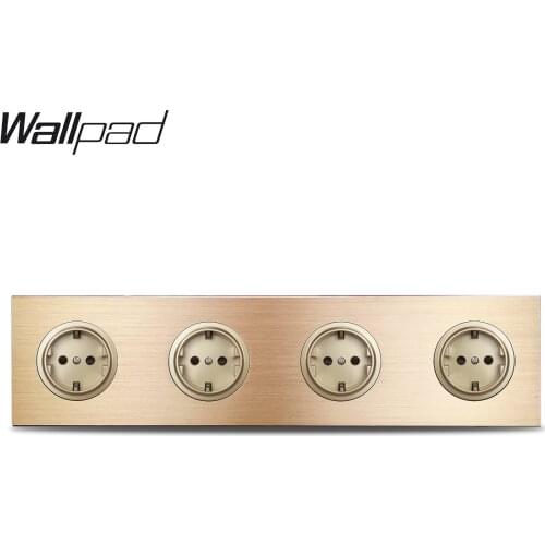 Wallpad L6 Gold Quadruple 4 Way German Schuko EU Electric Power Outlet Wall Socket Gold Brushed Aluminum Metal Panel, 344*86mm