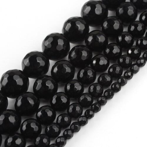 Natural Faceted Black Agates Stone Beads Round Loose Spacer Beads For Jewelry Making DIY Bracelet 15'' Pick Size 4 6 8 10 12mm