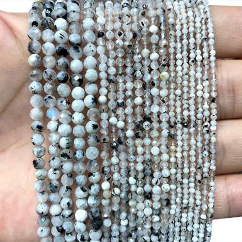 YWROLE Natural Gem Stone Black White Moonstone Faceted Round Spacer Beads For Jewelry Making DIY Bracelet Necklace 2/3/4MM 15