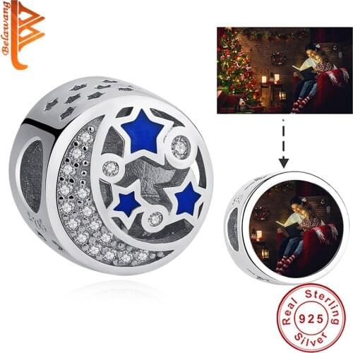 BELAWANG Wholesale I Love You To The Moon & Star Charm 925 Sterling Silver Custom Photo Bead fit Original Bracelet DIY Jewelry