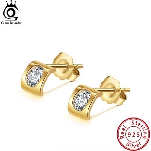 ORSA JEWELS Classic 925 Sterling Silver Stud Earrings for Women with AAAA CZ for Women 14K Gold Plated Ear Stud Jewelry APE06