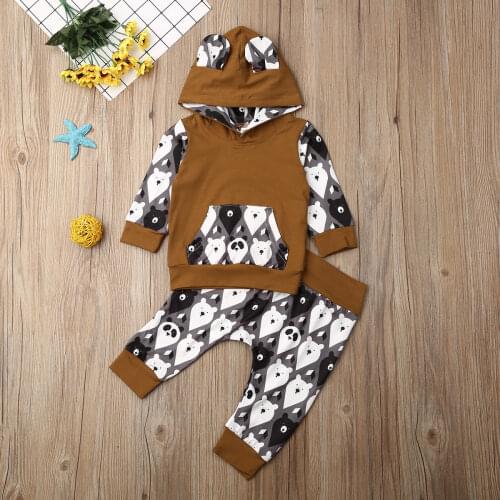 Pudcoco Winter Newborn Baby Boy Girl Clothes Cartoon Bear Print Hooded Tops Long Pants 2Pcs Outfits Cottton Clothes Tracksuit