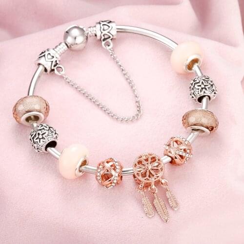 Luxury DIY Beads Rose Gold Crystal Bracelet&Bangle Women Heart Bee Bead Charm Bracelets with Chain Female Pulsera Jewelry