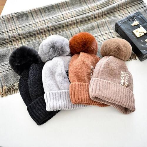 New Autumn Winter Pompom Beanies Wool Caps Embroidery Letter Plush Soft Hat Women Warm Knitted Hats High Quality 2019