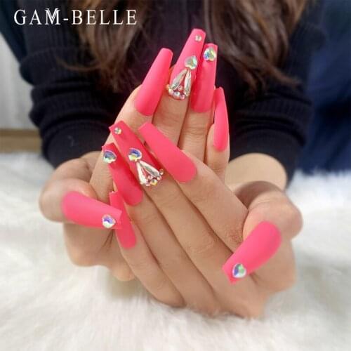 GAM-BELLE Matte Pink Super Long Fake Nails Coffin with 3D Rhinestones Luxury Full Cover Detachable Press On Nails Decoration