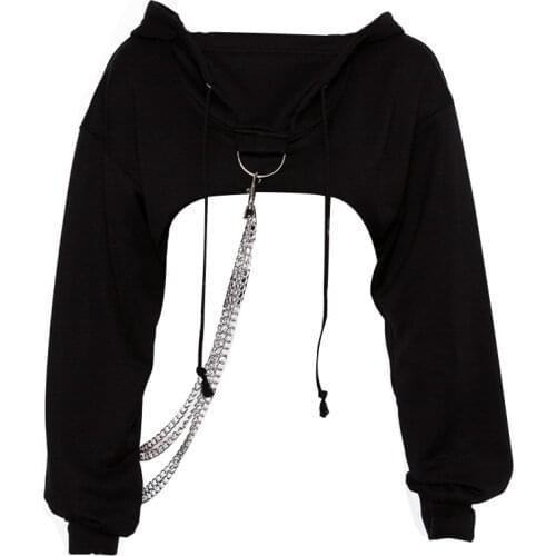 Black Short Hoodies Women Loose Hooded Sweatshirt Female Autumn New Chic Open Cuff Ring Buckle Chain Pullover