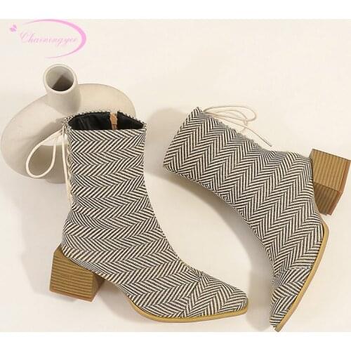 Street style square toe ankle boots zipper lace-up plaid black yellow stripe medium with chunky motorcycle boots womens shoes