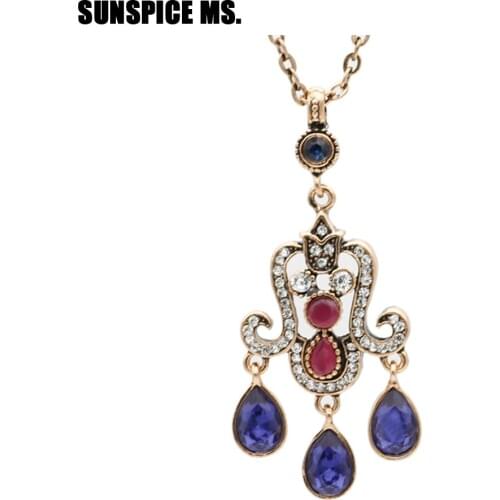 Vintage Turkish Women Long Flower Pendant Necklace Antique Gold Color Resin Retro Jewelry Indian Bohemia Wedding Drop Necklace