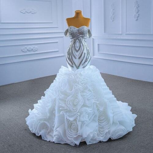 No.67365 South African Deep V Neck Wedding Dresses Crystals Beaded Tiered Ruffles Sweep Train Bridal Gowns Wedding Vestidos