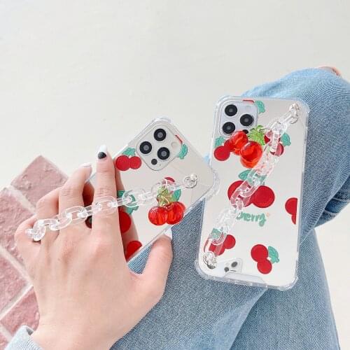 New Fashion Cherry Pattern Phone Case with Wrist Chain Pendant for iPhone 12 Girls Mirror Cover for iPhone 11/7/8/XS/X/XR