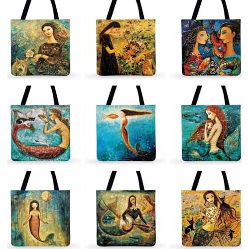 Classical Oil Painting Mermaid Girls Print Tote Bag For Women Casual Tote Beach Tote Outdoor Shopping Bag Ladies Shoulder Bags