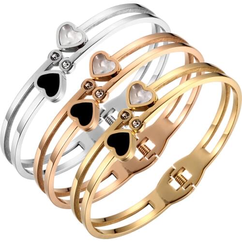 Stainless Steel Lover Cuff Bracelets Bangles for Woman Gold Plating Shell CZ Bracelet Heart Pendant Luxury Jewelry Wholesale