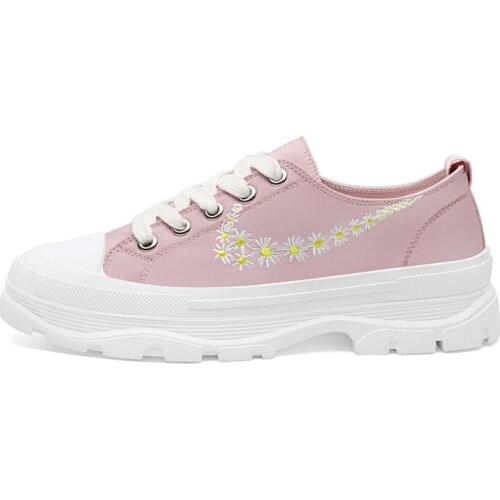 Round-Toe Platform Low-Top Shoes Solid Color Casual Shoes Decorated With Daisies WomenS Platform Shoes