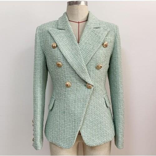 Newest 2021 Designer Jacket Womens Classic Metal Buttons Mint Green Double Breasted Tweed Blazer Wholesale Dropshipping