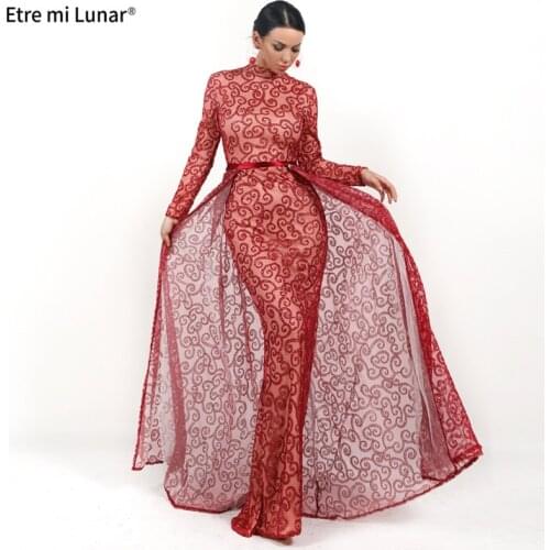 2021 Red Mermaid Evening Dresses High Neck Train Long Sleeves Sparkle Mermaid Evening Gown Real Photo LE4031